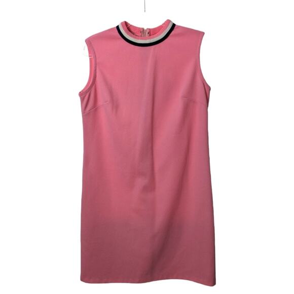 Vintage 60's Sleeveless Shift Dress Pink Striped Trim Neckline Polyester - Picture 1 of 7